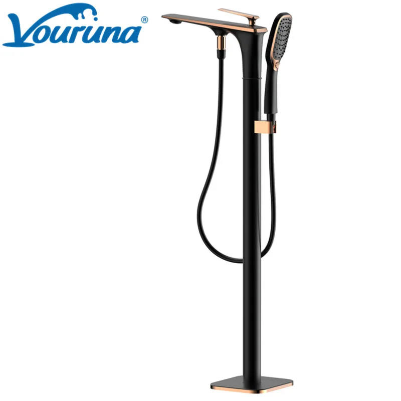 

VOURUNA New Release Floor Mounted Tub Faucet Black&Rose Golden Free Standed Bath Filler Tap Chrome