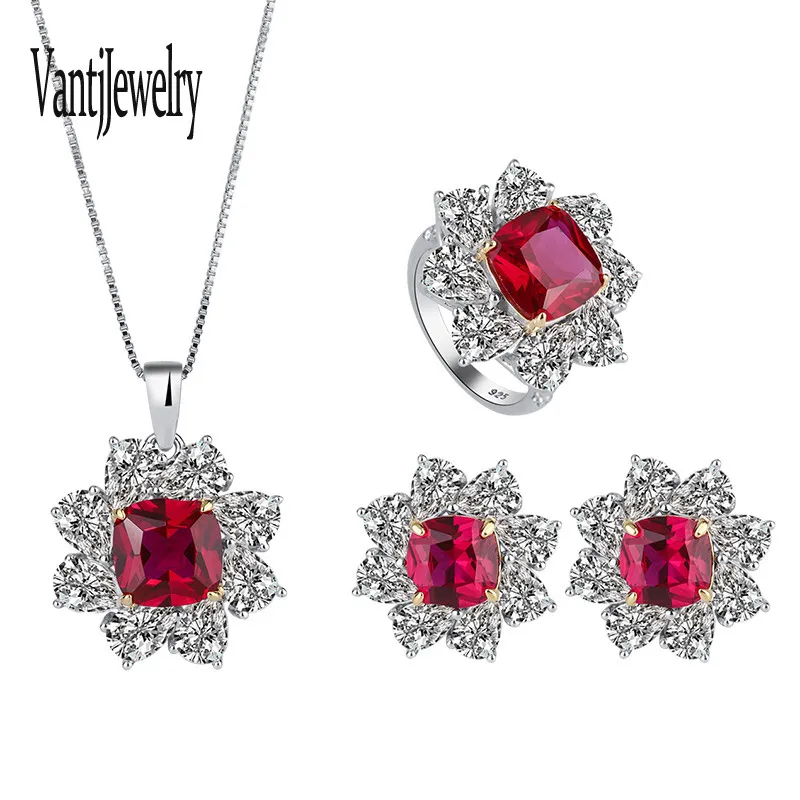 

100% 925 Sterling Silver Luxury Created Ruby Sapphire Emerald Bridal Jewelry Set Sparkling Wedding Party Fine Jewelry Gifts