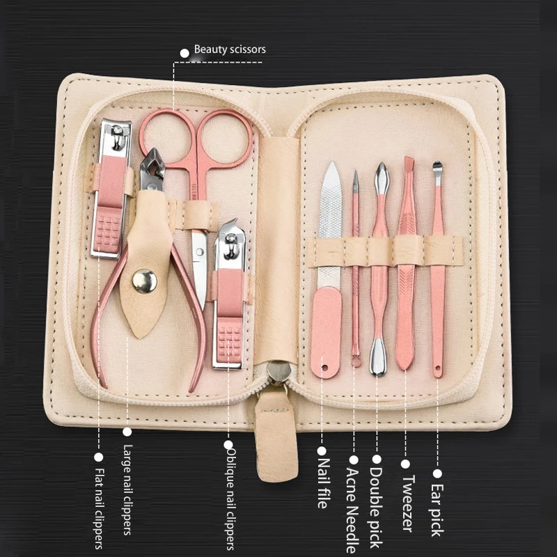

9In1 Nail Clippers Beauty Tool Rose Gold Stainless Steel Manicure Set Acne Needle Suitable for Home Travel Gift