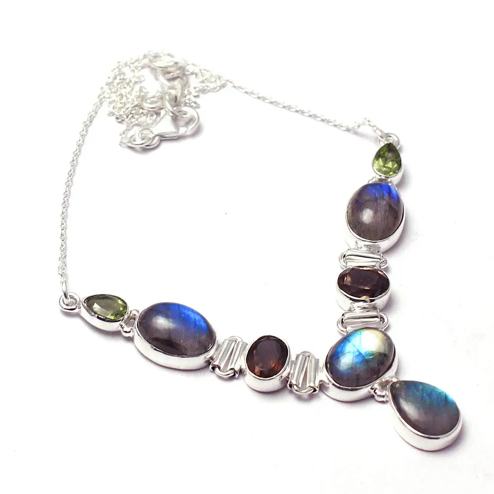 Натуральный Лабрадорит + ожерелье из перидота 925 пробы серебра 45 см MHBNE0187