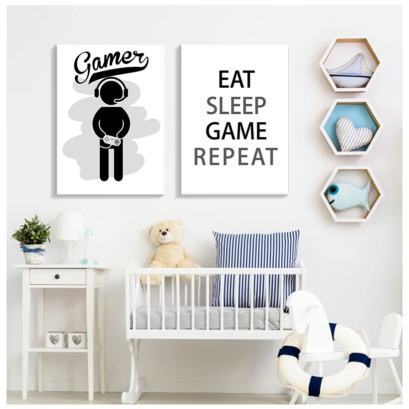 New Design Boys Game Poster And Print Illustration Gamer Quotes Wall Art Pictures Canvas Painting For Kids Room Home Decoration | Дом и сад