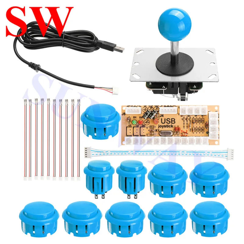 Синий с желтым 2 плеер DIY аркадные наборы для ПК USB энкодер+ Sanwa стильный джойстик с печатной платой+ 30 мм/24 мм аркадные кнопки