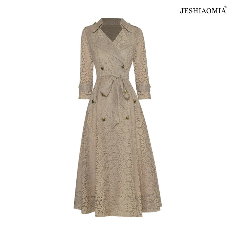 

JESHIAOMIA- 2021 Autumn Notch Lapels Double Breasted Belted Lace Trench Coat