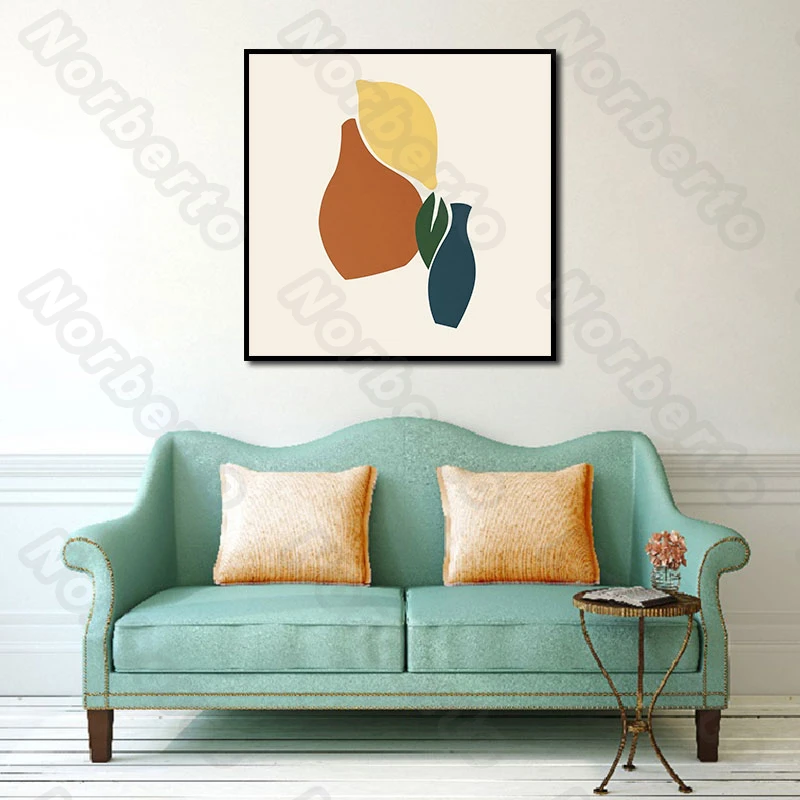 

Modern Fashion Style Canvas Painting Wall Poster Orange and Blue Vases and Yellow and Green Leaves for Home Rooms Decoration