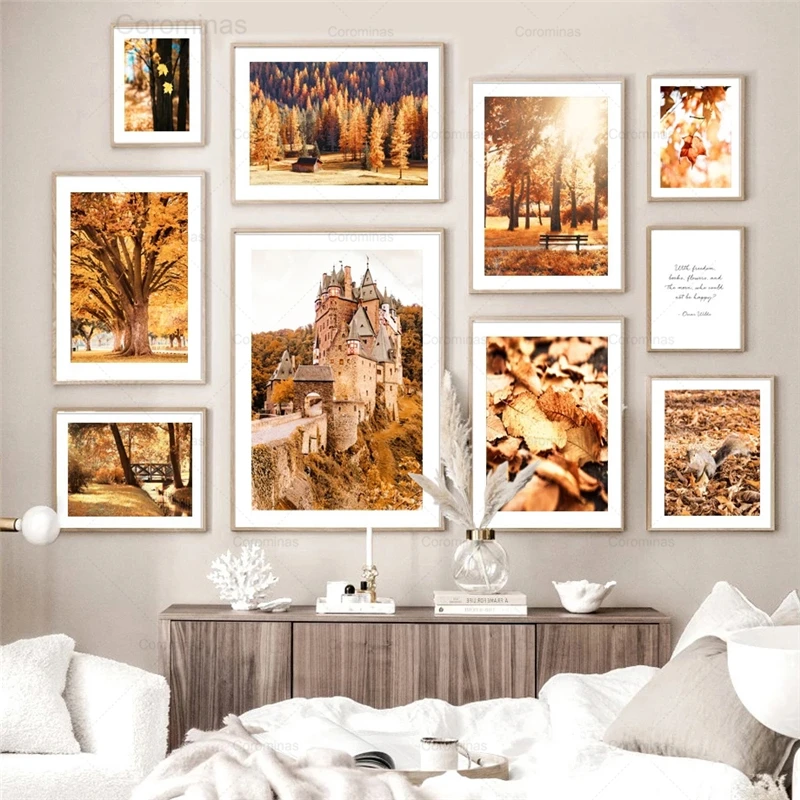 

Canvas Art Painting Autumn Fallen Leaves Castle Yellow Landscape Modular Hd Posters and Prints Pictures Home Gallery Decor Gifts