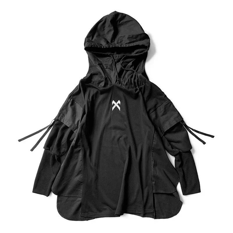 

Jiye heavy industry functional wind sweater men's black 2021 new fashion brand fake two piece fish sweater spring Hoodie