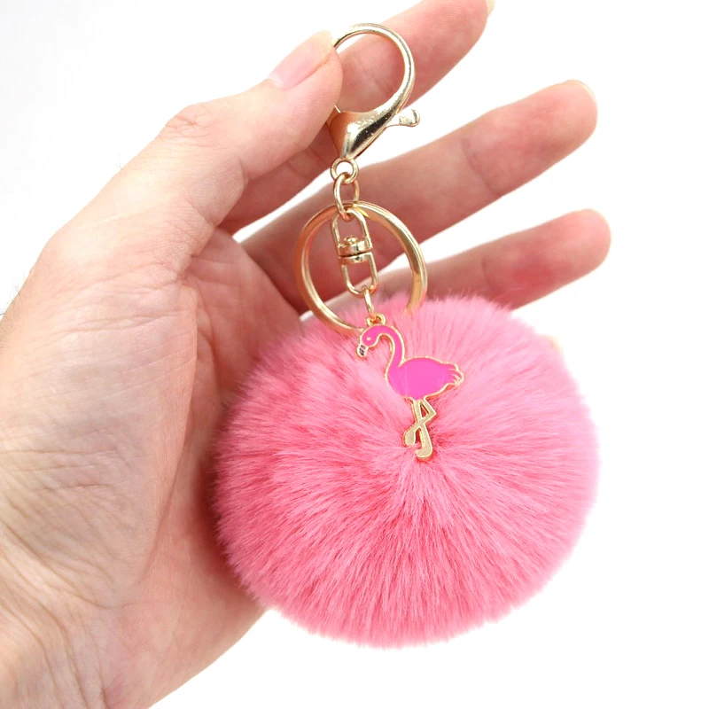 

Cute Girls Enamel Flamingo Keychain For Women Fluffy Rabbit Fur Pompon Ball Key Chain On Bag Jewelry Wedding Party Gift