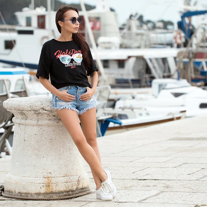 Футболка женская свободная с принтом очков и о-вырезом из 100% хлопка GLO-STORY 2019 |