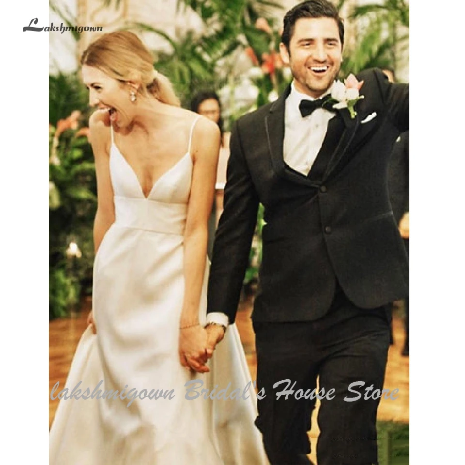 

Lakshmigown Simple Satin Wedding Dress Spaghetti Straps A Line Elegant Bridal Dress Wedding Gowns Sweep Train Trouwjurk 2020