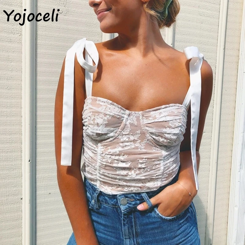 Женский кружевной топ Yojoceli короткий топик на бретельках с бантом 2019 | Женская