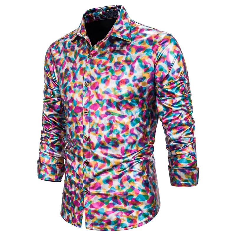 Рубашка мужская приталенная с длинным рукавом блестящая разноцветным узором