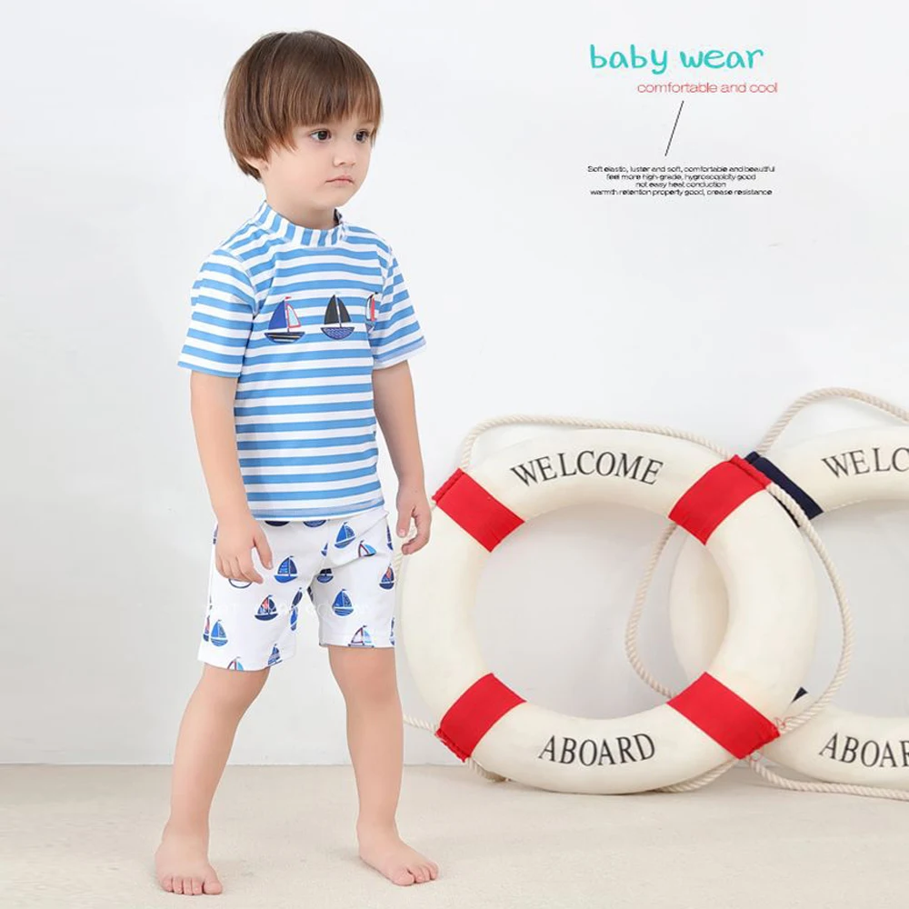 

Boy Split Swimsuit Short-Sleeved Cartoon Swimsuit Children Swimsuit Beach Quick-Drying Sunscreen Suit Swimming Cap