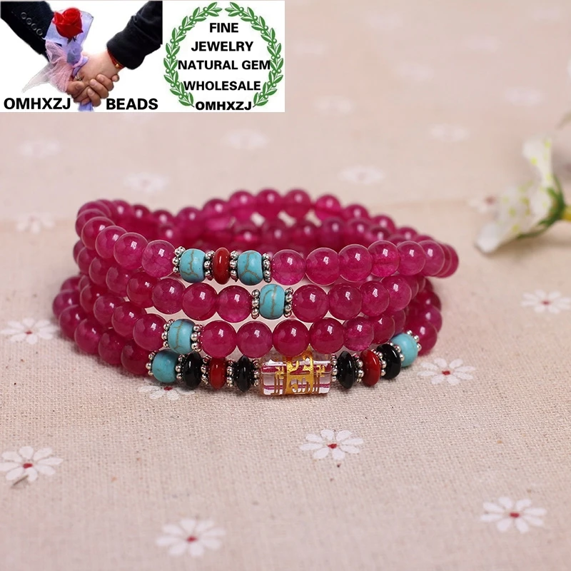 

OMHXZJ Wholesale ZB415 European Fashion Birthday Party Wedding Gift Natural Stone Fine Chalcedony Round Beads 4 Layers Bracelets