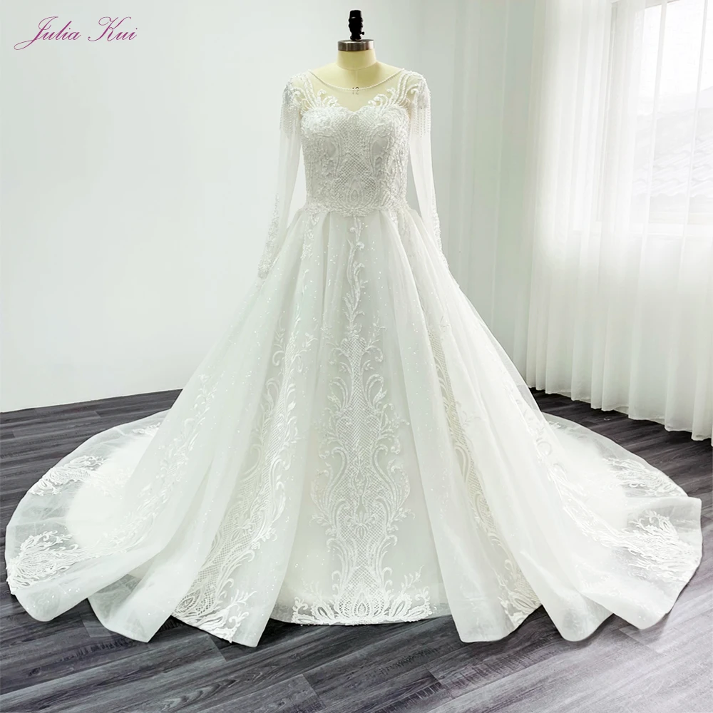 

Julia Kui Pearl White Gorgeous A Line Wedding Dresses Princess With Sparkle Rhinestones Chapel Train Bride Dress