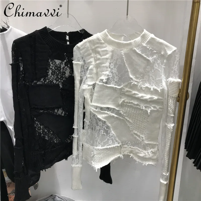 

2021 Autumn Ladies Patch Lace Stitching Bottoming Shirt Women's Fashion New Design Hollow O-neck Knitted Slimming Pullover Top