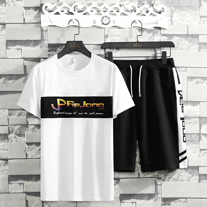 

New Short Sleeve Male Sale T-ShirtsSlim Hot 2-Piece Sets Patchwork Printed Men Summer O-Neck All-match Clothing Loose Tracksuit