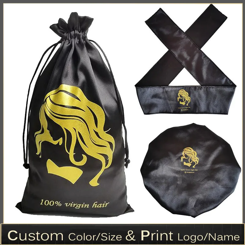 

Custom Logo Silk Satin Drawstring Bags Headband Shower Cap For Hair Wigs Wrap Grip Band Laying Scarf Wrapping