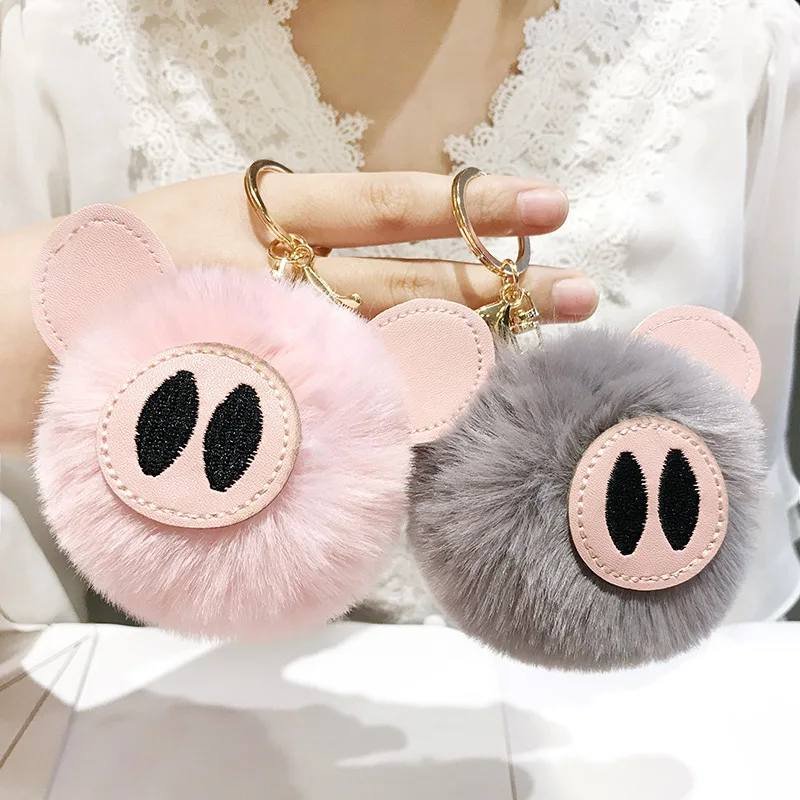 

Cute piggy Rabbit hair Keychains Girl boy fluffy fake animal fur ball key chain charming woman pack key rings gift