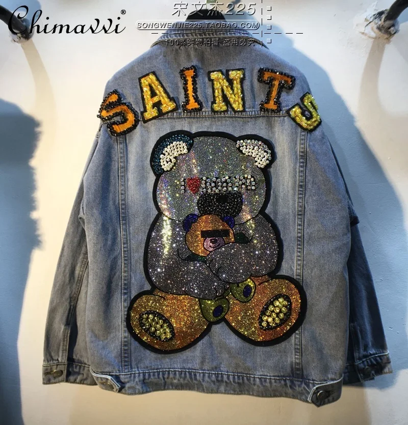 

Exquisite Rhinestone Beaded Letters Bear Denim Jacket 2021 Spring/Autumn New Loose Slimming Jean Jacket Fashion Long Sleeve Coat