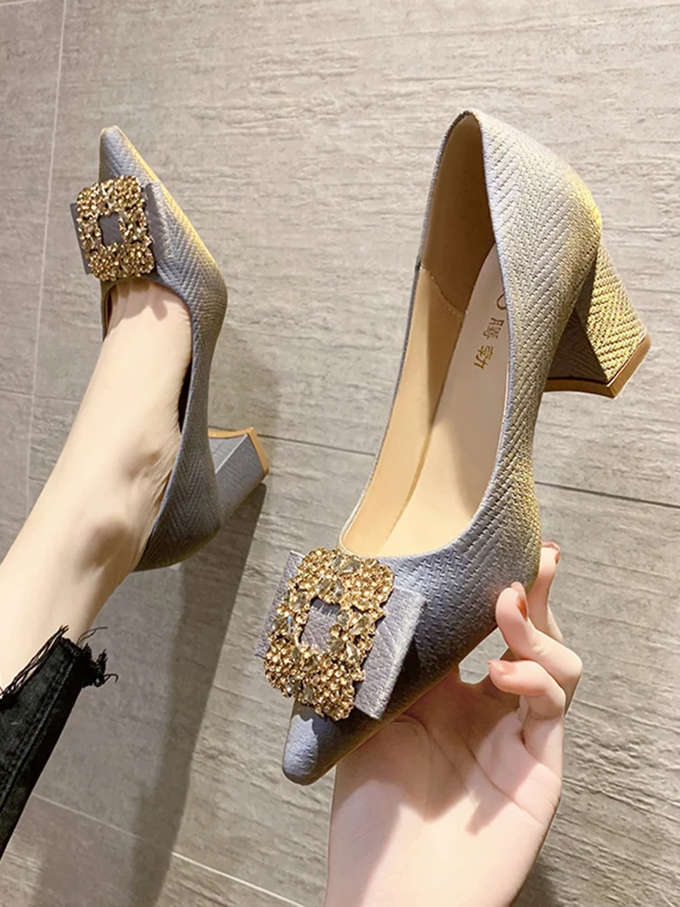 

Beige High Heels Branded Pumps 2021 Comfortable High-Heeled Shoes Work Dress Professional Pointed Wedge Chunky Sandals Footwear