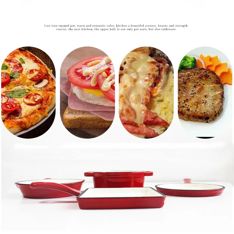 

Мини-красная эмалированная Сковорода чугунная эмалированная на плоской подошве сковорода посуда, набор из 4 предметов