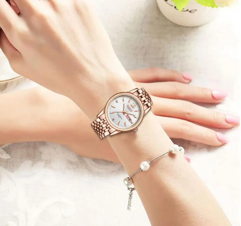 

fashionable casual quartz couple watch steel belt double calendar men's watch luminous waterproof trend female watches