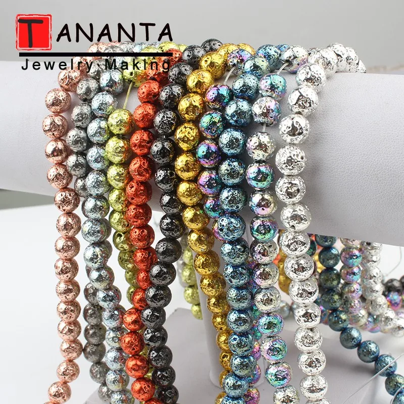Круглые лавовые бусины из розового золота и серебра камень вулканический для
