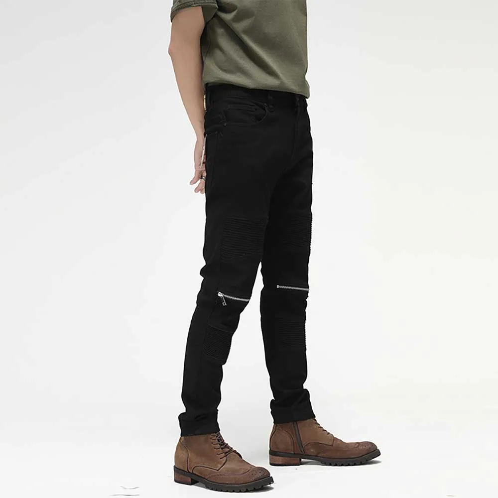 Retro Black Stretch Biker Jeans Slim Fit Knee Zipper Pleated Trousers Men Distressed Skinny Denim Streetwear Patchwork Joggers