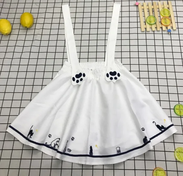 AS PHOTO 2 WHITE Японская Корейская юбка на подтяжках с вышитым котом в стиле Лолиты; Студенческая форма; мини-юбка с высокой талией; летняя юбка-пачка; Новинка - Цвет: AS PHOTO 2 WHITE