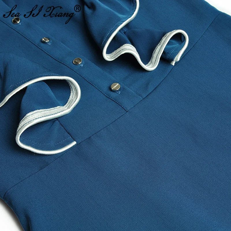 

Seasixiang Fashion Designer Autumn Dress Women's Long sleeve Ruffles Stand Collar Slim Dresses