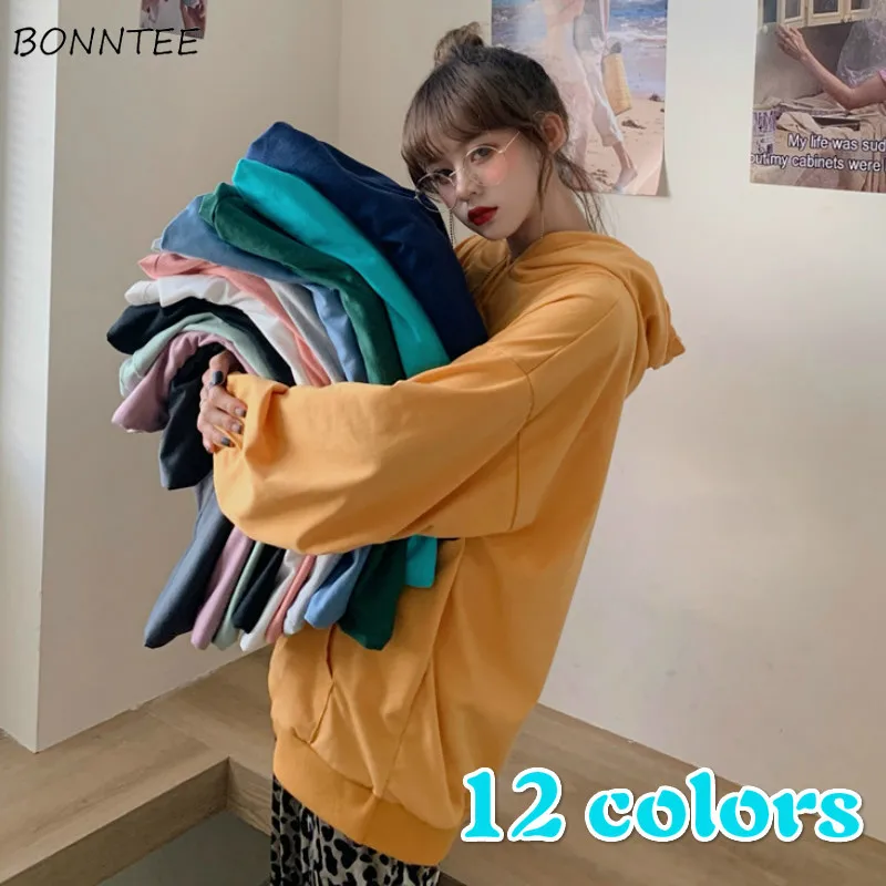 

Hoodies Women Pure Color Hooded Simple Unisex Slouchy Clothes Autumn Korean Style Streetwear Couple Newest Sweatshirts Loose Ins