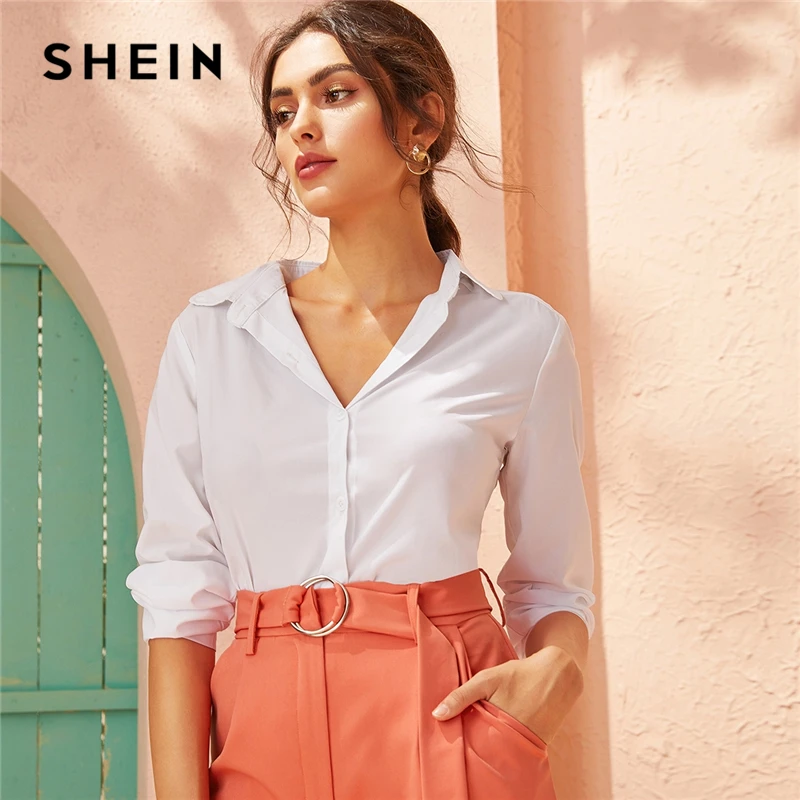 SHEIN белая однотонная однобортная Офисная Женская блузка рубашка женские топы осенние элегантные блузки с длинным рукавом и отложным воротником