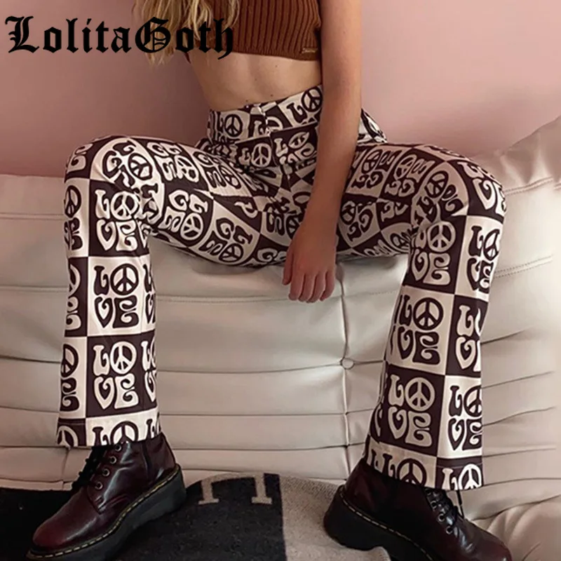 

LolitaGoth Streetwear High Waist Trousers Split Side Flare Sweatpant KoreanWomen Pattern Print Women Autumn Casual Female Pants