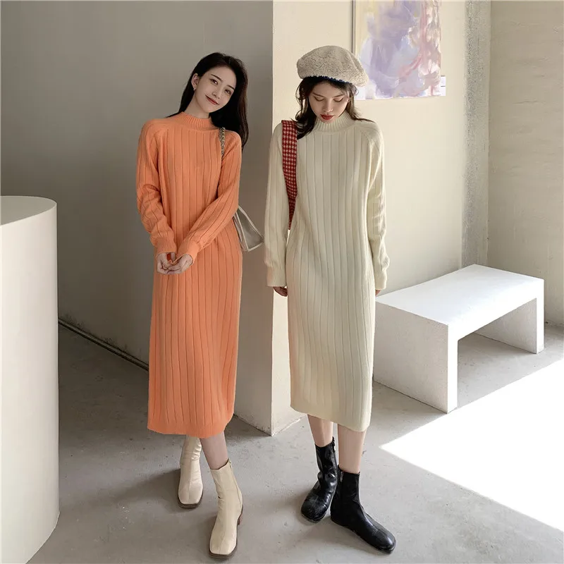 

Casual knitted dress 2021 autumn new half high neck loose long knitted dress Korean fashion women's clothing