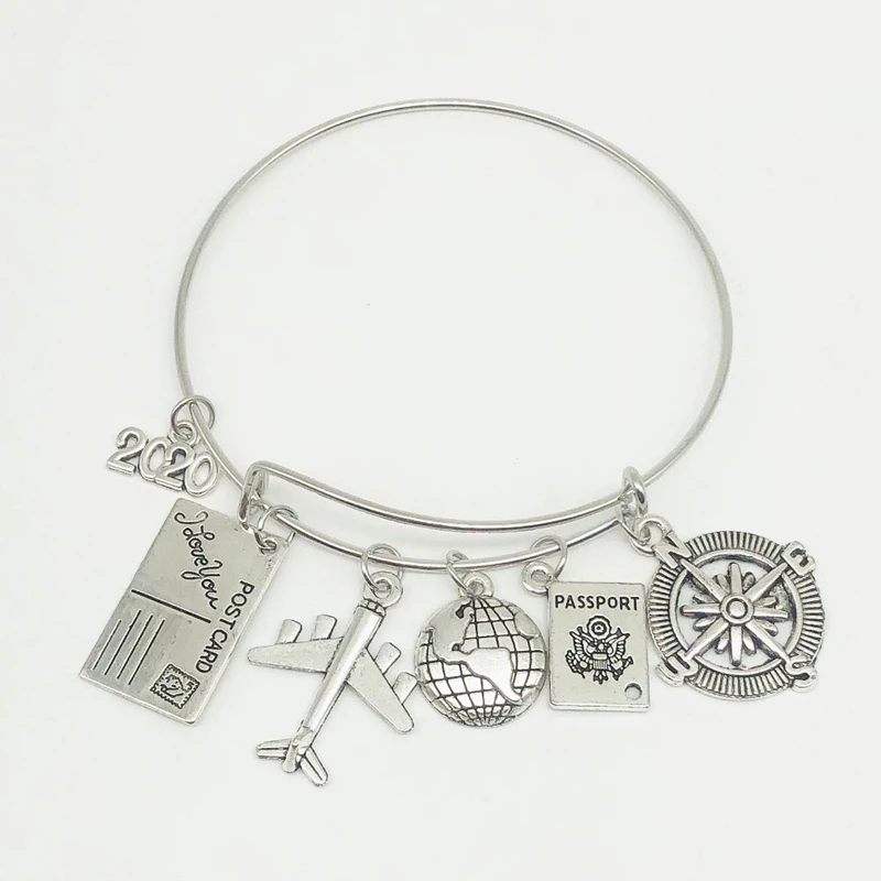 

2020 The New Earth Plane Postcard Alloy Bracelet Compass Pendant Travel Bracelet Best Friend Jewelry Gift Handmade DIY