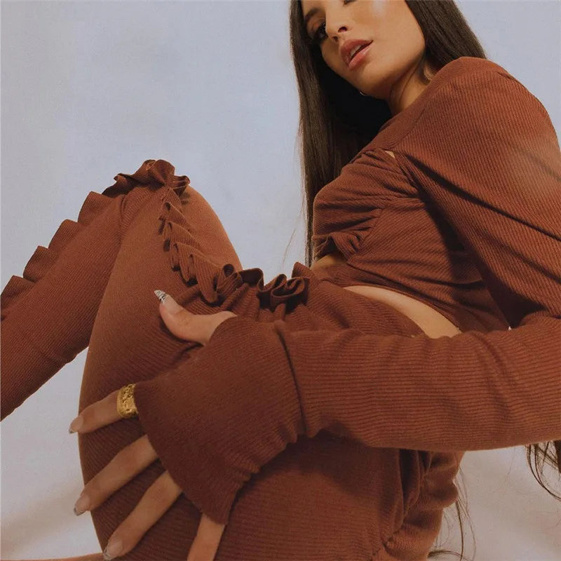 

WJFZQM Hollow Out Long Sleeve Crop Top Women Ruched Skinny Pants Sets Sexy 2 Two Piece Sets Womens Club Outfits 2021 Winter