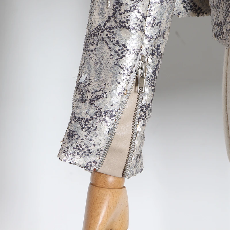 Лоскутные женские пальто с блестками воротник лацканами длинный рукав на молнии