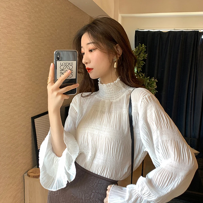 Уличная одежда женская блузка с оборками топы расклешенными рукавами шикарные