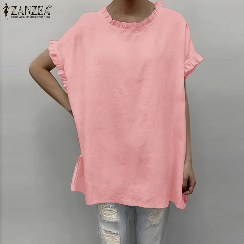 

ZANZEA Elegant O Neck Loose Casual Tops Fashion Women Ruffles Blouse Summer Short Sleeve Solid Shirt Tunic Work Blusas Chemise