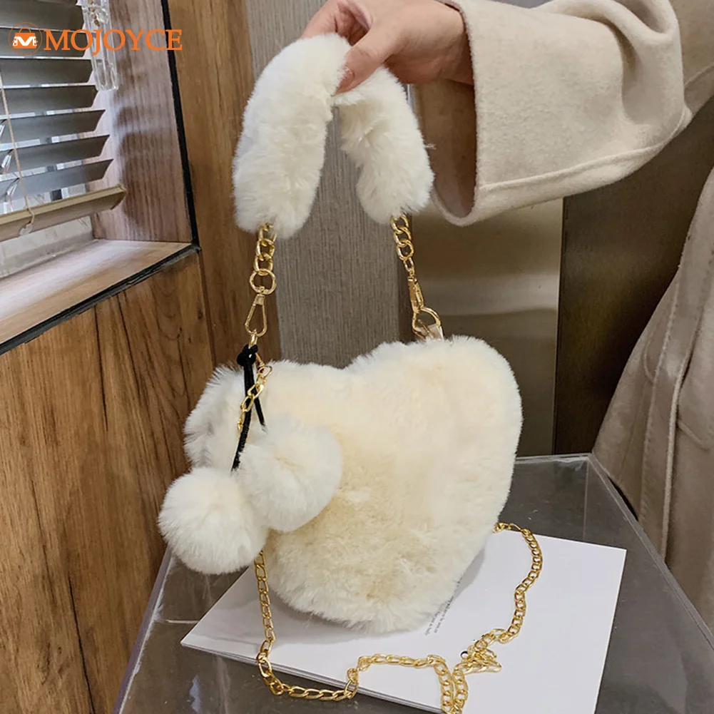 

Autumn Winter Chain Messenger Bag Casual Women Plush Cute Love Shaped Handbag Warm Soft Plush Mini Street Travel Money Purse