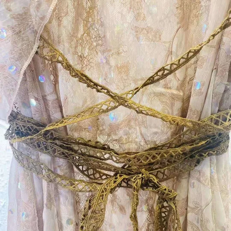 

Dress Vintage Long 2021 Summer Fashion Style Women O-Neck Sexy Tulle Mesh Sequined Short Sleeve Casual Party Long Maxi Dress