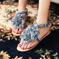 2021 new fashion womens shoes fashion sweet solid color non slip pu big flower button zipper beaded flat sandstone adult