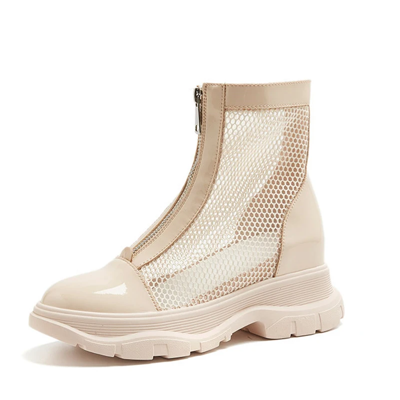 

FOREADA High Heel Ankle Boots Cutouts Woman Boots Platform Height Increasing Shoes Zipper Female Short Boots Summer Beige Black