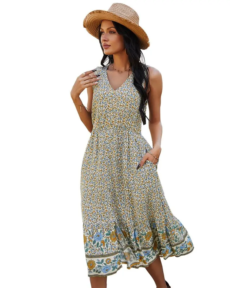 

Independent ResearchAnd OfEuropean And AmericanWomen's Bohemian V- neck Waist Print Dress