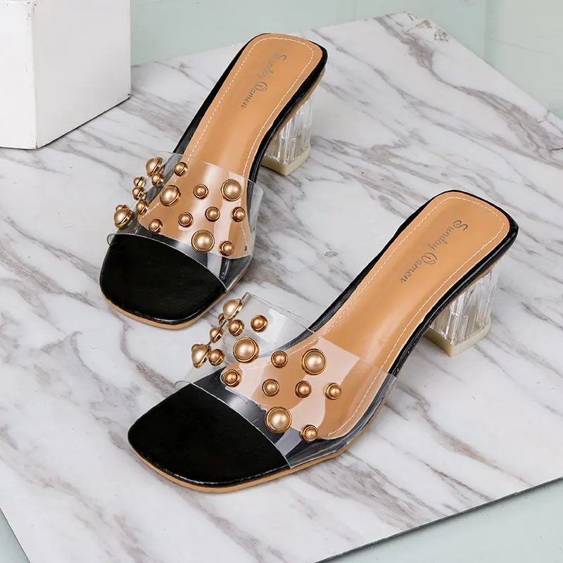 

Rivet slippers female 2021 new summer all-match thick-heeled sandals with crystal transparent high heels X715