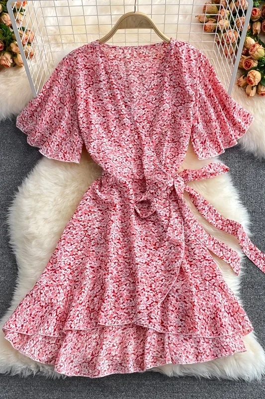 

Girls France Floral One Piece Wrap Dress Ladies Age Reduce Fashion Trumpet Short Sleeve Waist Lace Up Chiffon Dresses