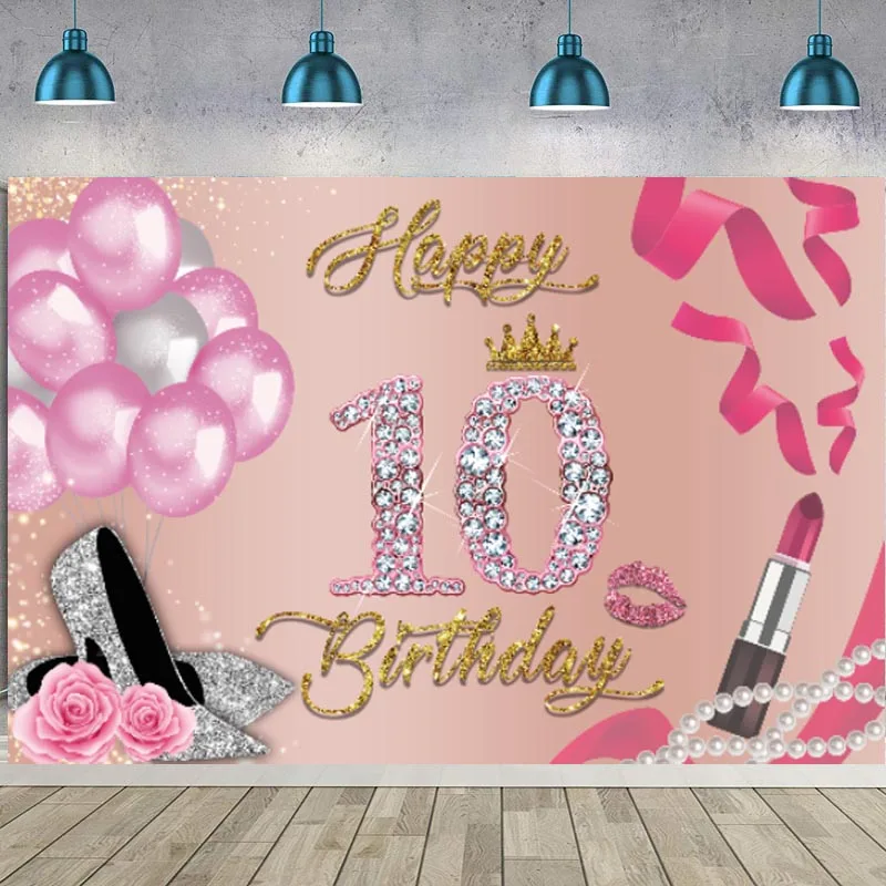 Fondo rosa Feliz cumpleaños 10 ° cumpleaños niñas 10 años fiesta de cumpleaños diamante brillante fotografía fondo para estudio fotográfico
