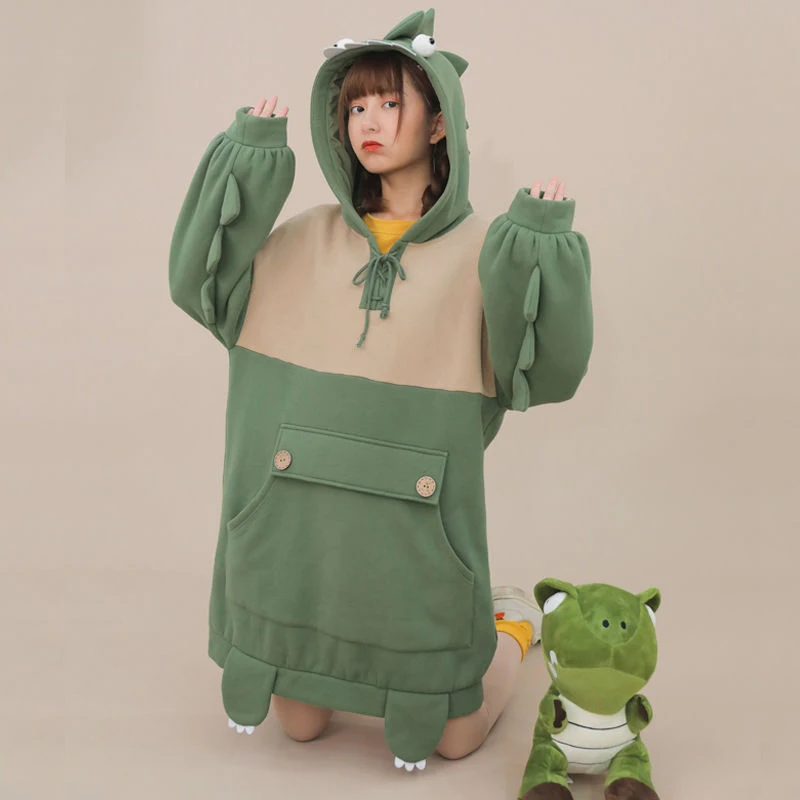 

Casual Hoodie Pullover Pullover Women Thick Women's Autumn Thick Loose Sweatshirt Harajuku Dinosaur Decoration Cute Dinosaur