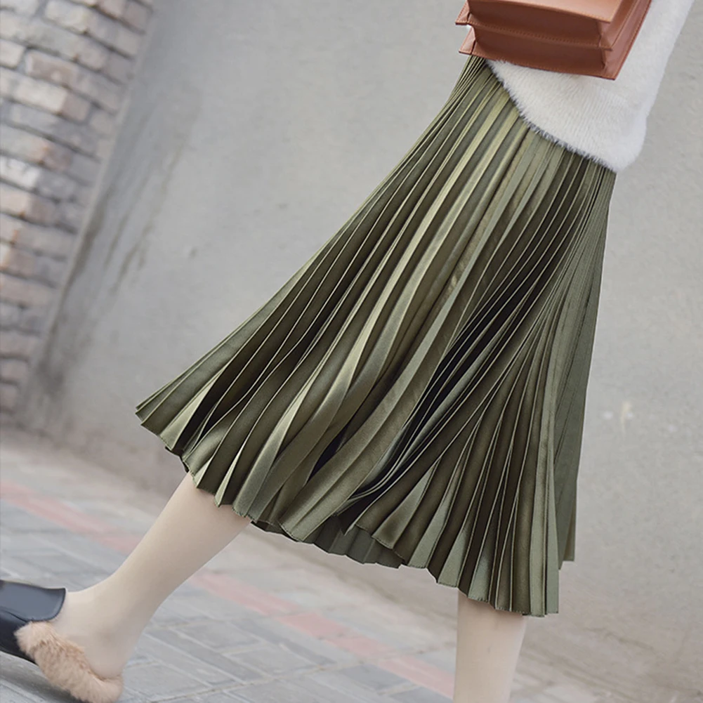 

Vintage Metallic Color Women High Waist Elastic Band Maxi Long Pleated Skirt