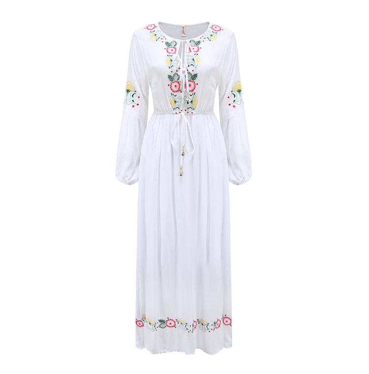 

2021 Real Shot Bohemian Embroidered Flowers Drawstring Waist White Holiday Dress Free Shipping